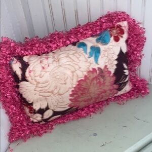 Floral Pillow with Pink Fringe